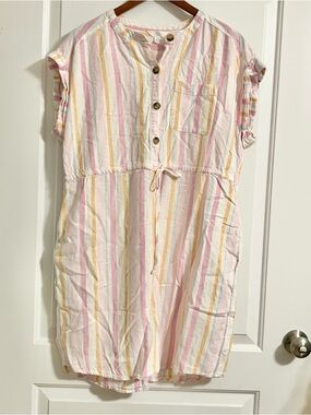 Time & Tru Short Sleeve Dress linen blend, pastel stripes, drawstring waist Sz L